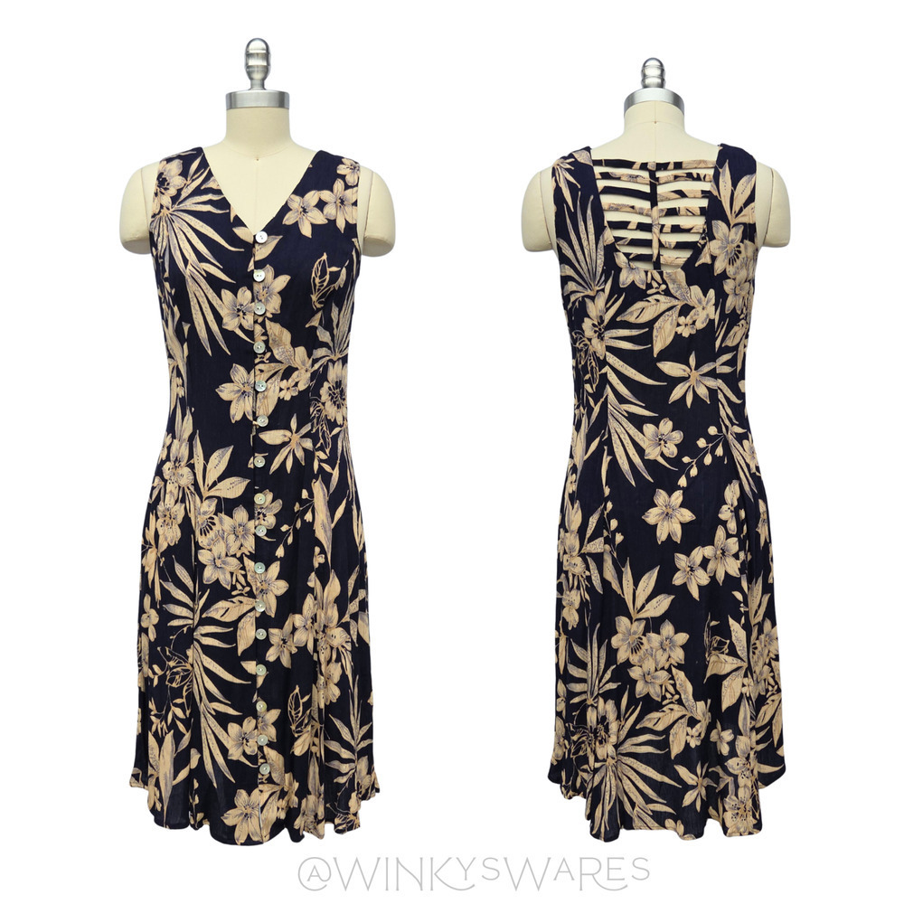 Vintage 90s Floral Midi Dress Size 10 M Hawaiian Print Ladder Back Crinkle Rayon